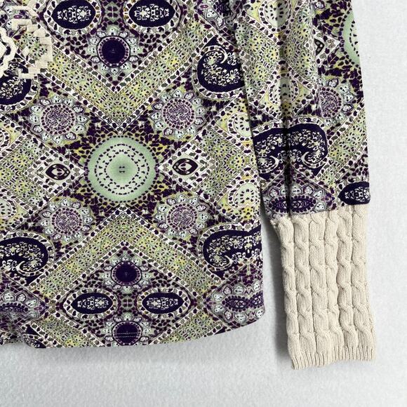 SUNDANCE Top S Boho Medallion Embroidered Cuffed Knit Trim Cotton Modal Purple - Picture 6 of 14